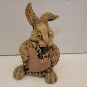 DDV Wooden Rabbit Figurine Holding Heart 5"